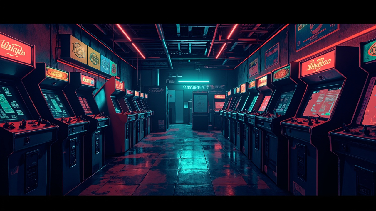 Illustration of a neon-lit retro arcade interior