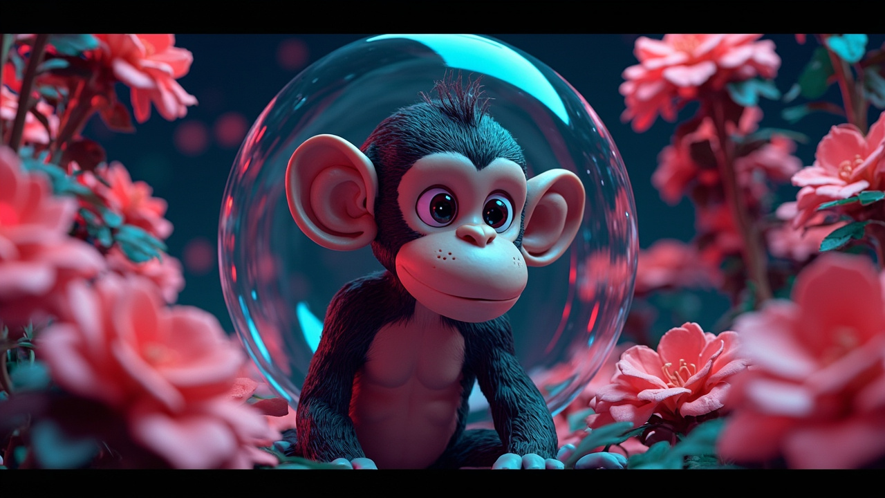 Illustration: A 3D rendered scene depicting monkey-like cartoon characters with spiral ears, one enclosed in a transparent bubble, set within a vibrant garden filled with pink flowers and green foliage.
