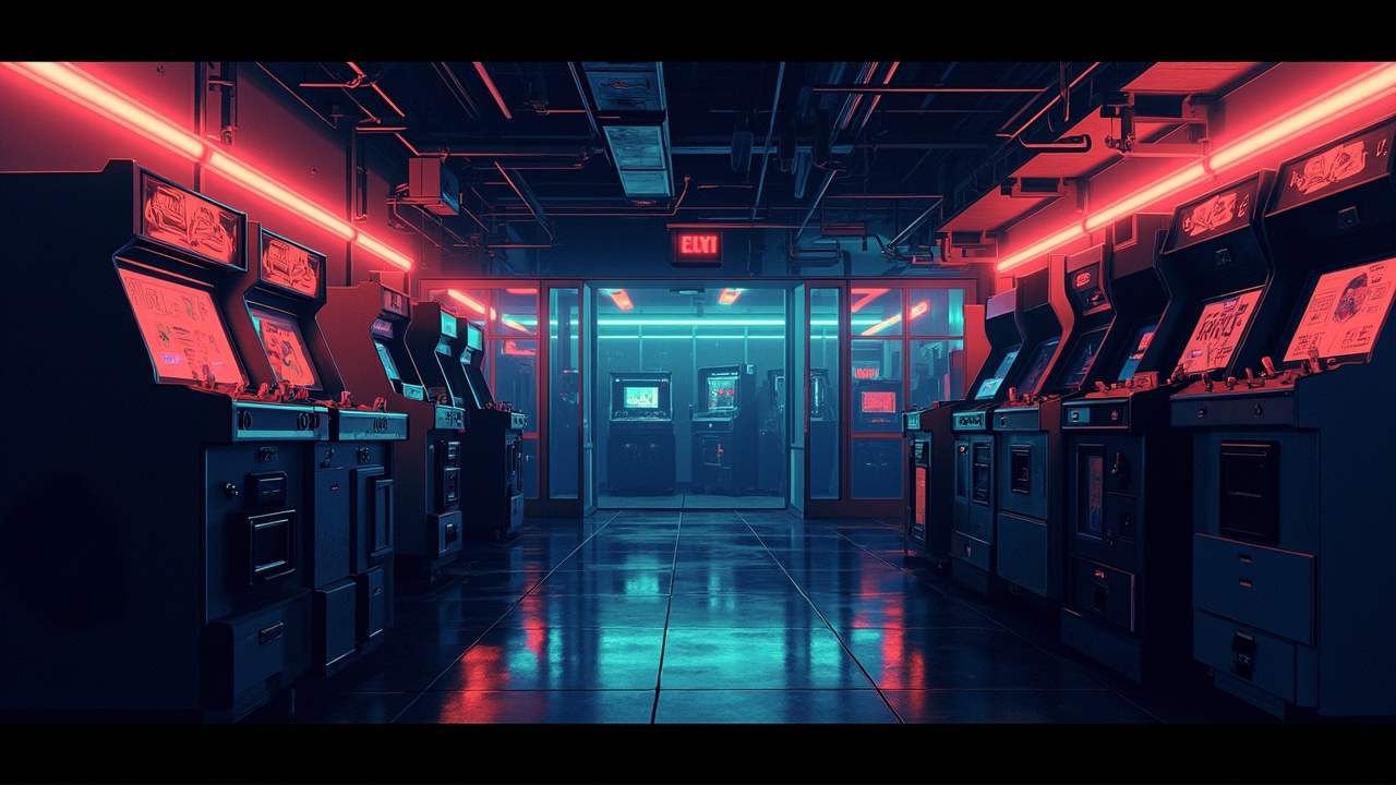 Illustration of a neon-lit retro arcade interior