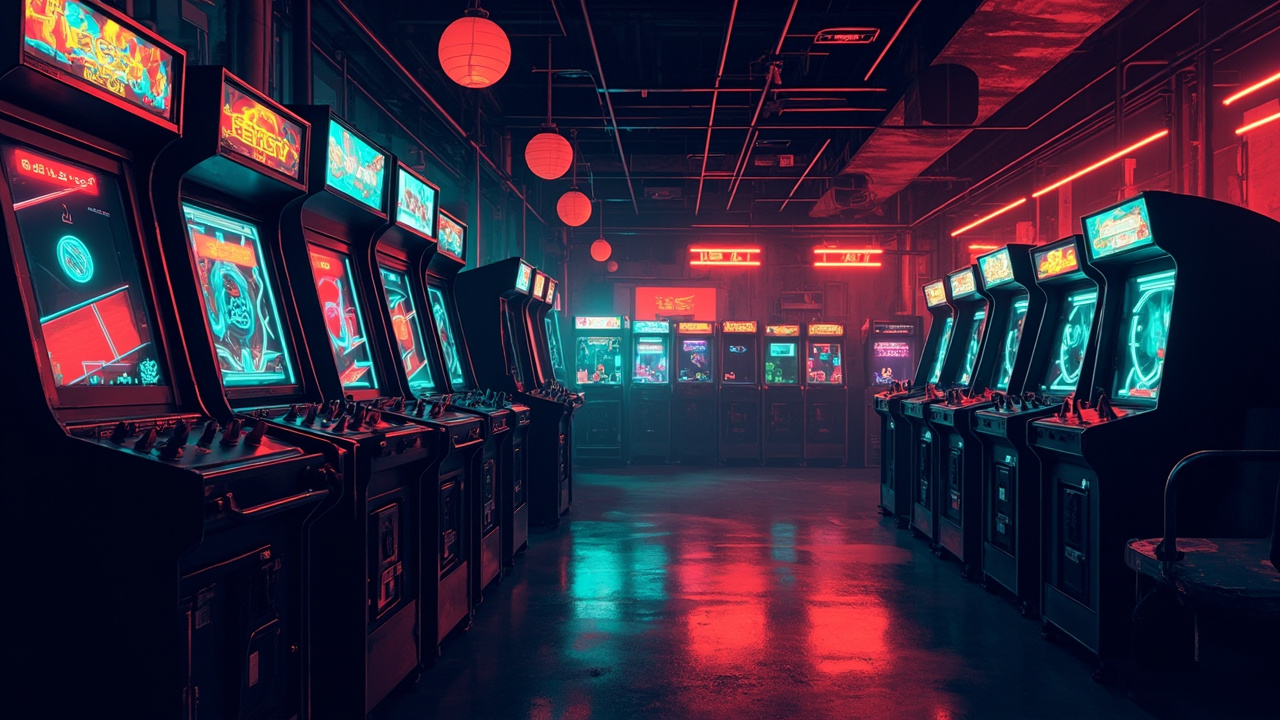 Illustration of a neon-lit retro arcade interior