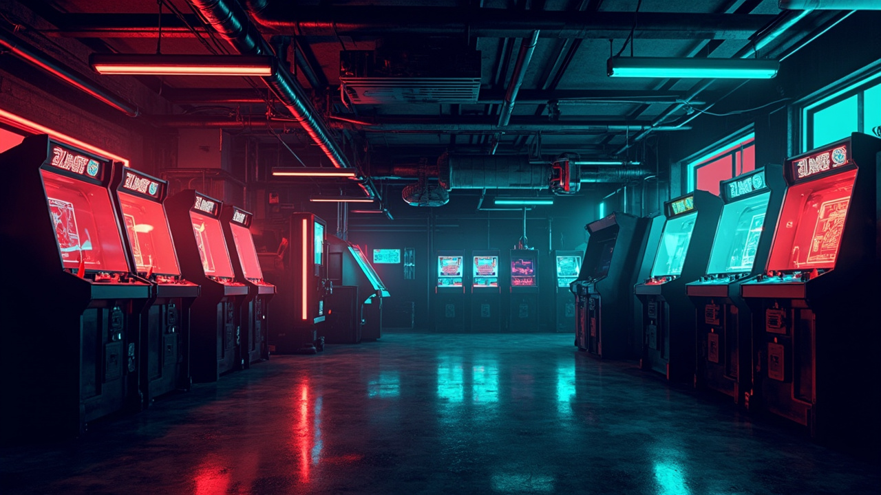 Illustration of a neon-lit retro arcade interior