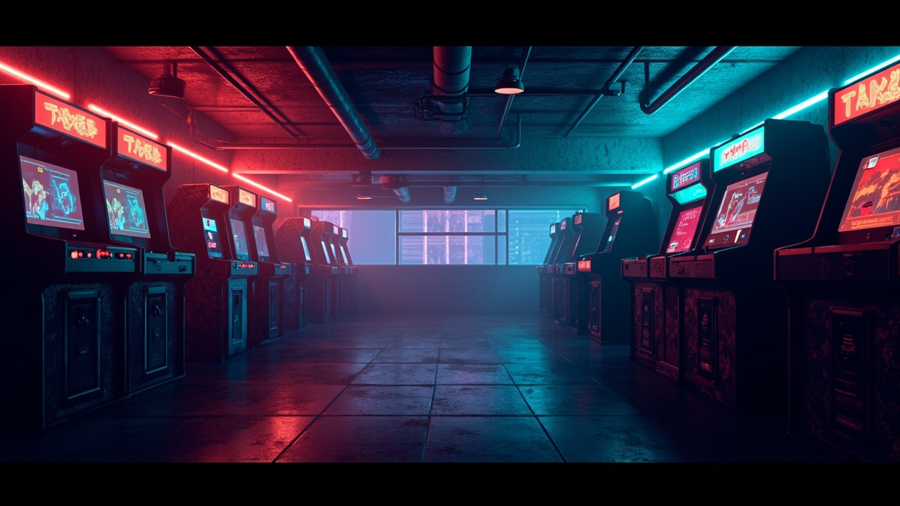 Illustration of a neon-lit retro arcade interior