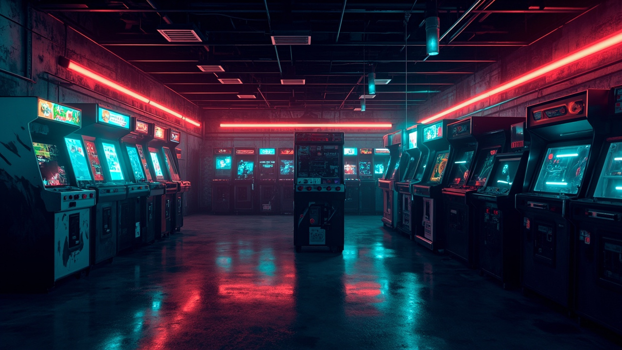 Illustration of a neon-lit retro arcade interior