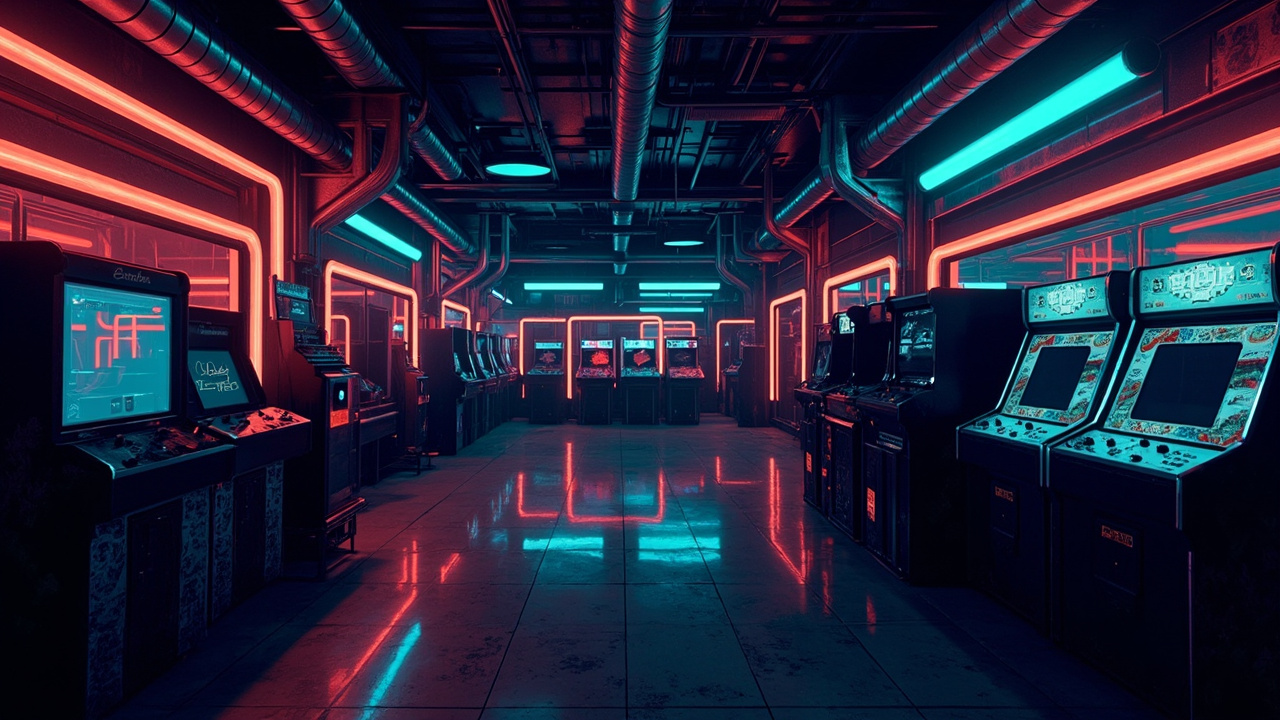 Illustration of a neon-lit retro arcade interior