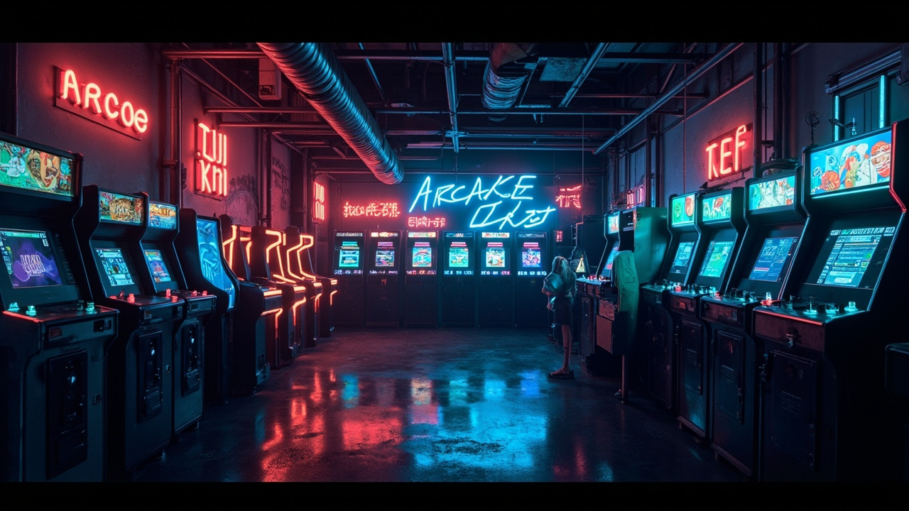 Illustration of a neon-lit retro arcade interior