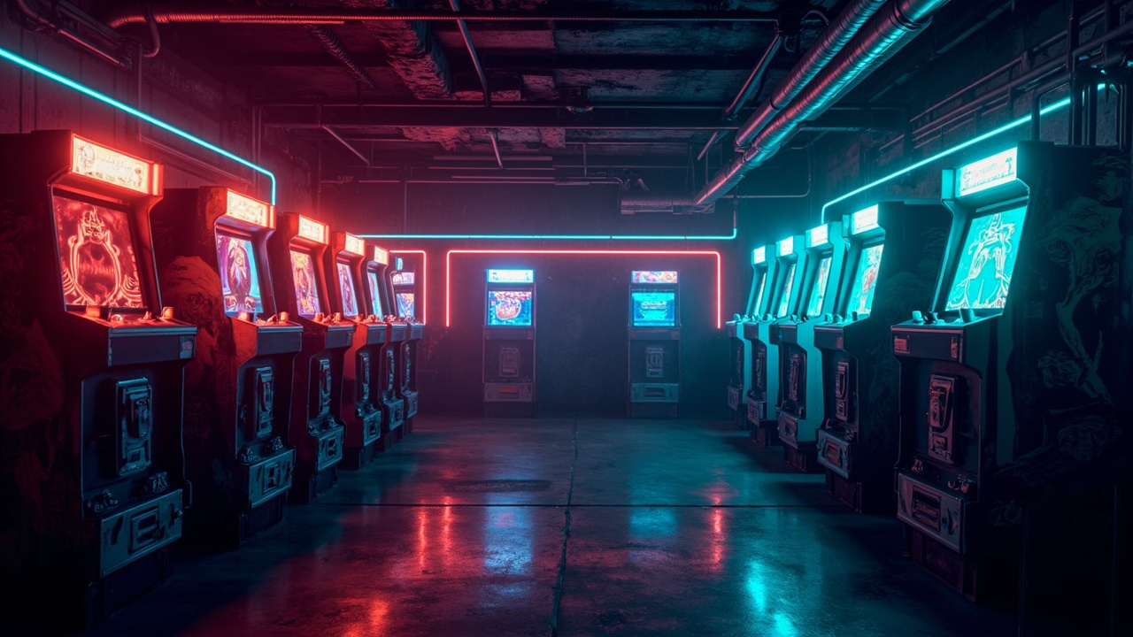 Illustration of a neon-lit retro arcade interior
