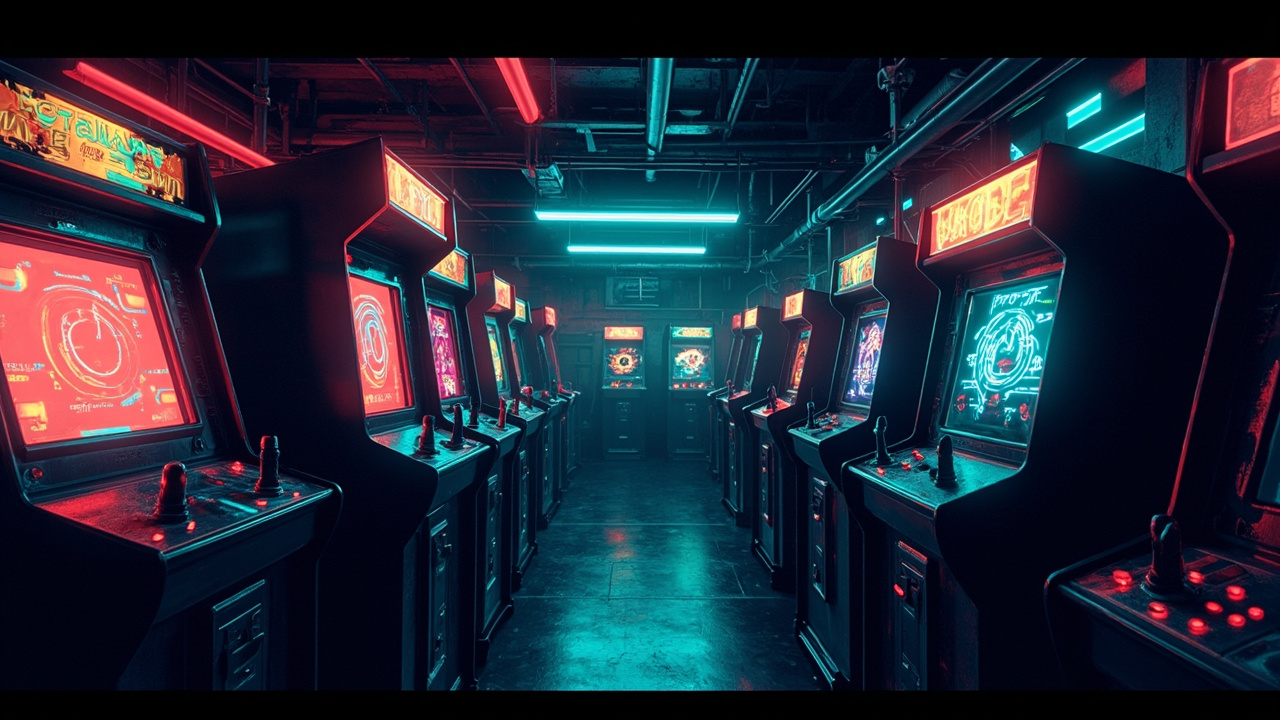 Illustration of a neon-lit retro arcade interior