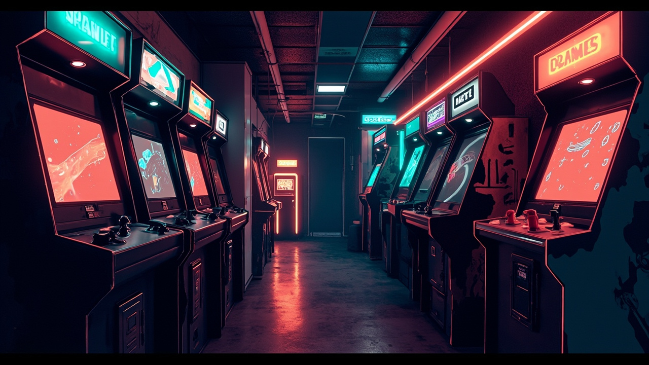 Illustration of a neon-lit retro arcade interior
