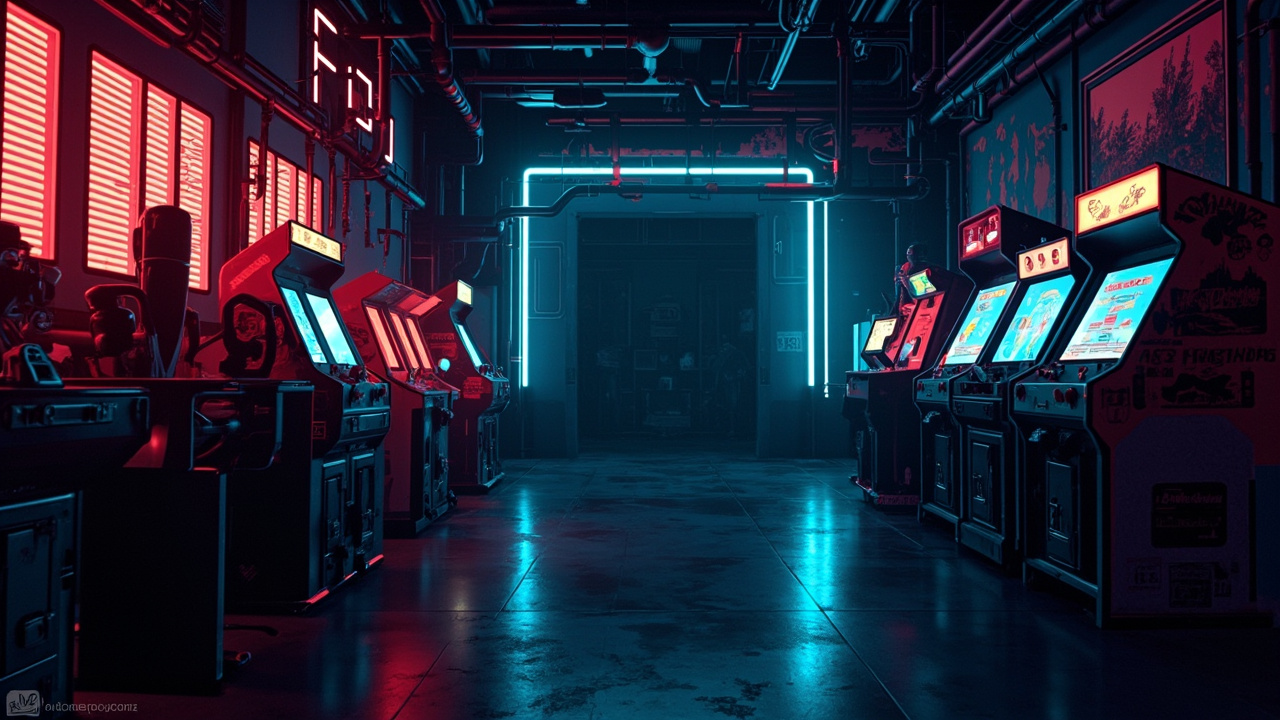 Illustration of a neon-lit retro arcade interior
