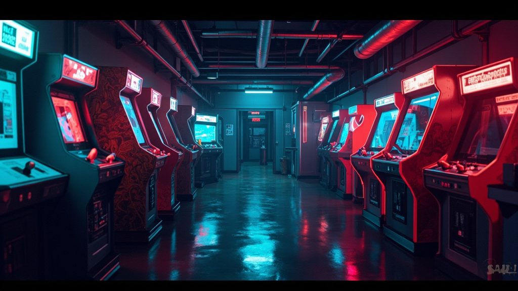 Illustration of a neon-lit retro arcade interior