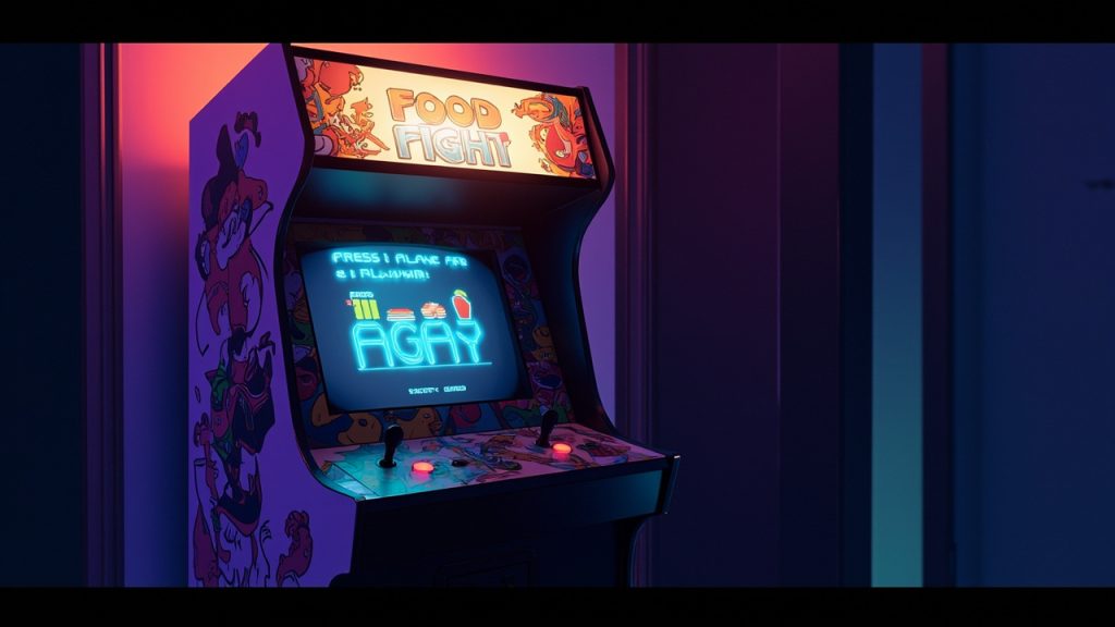 Illustration: An illuminated arcade cabinet stands in a dimly lit space, featuring painted side art depicting cartoon characters bathed in purple ambient light. The brightly lit marquee displays the title "FOOD FIGHT" above a glowing screen showing pixelated food