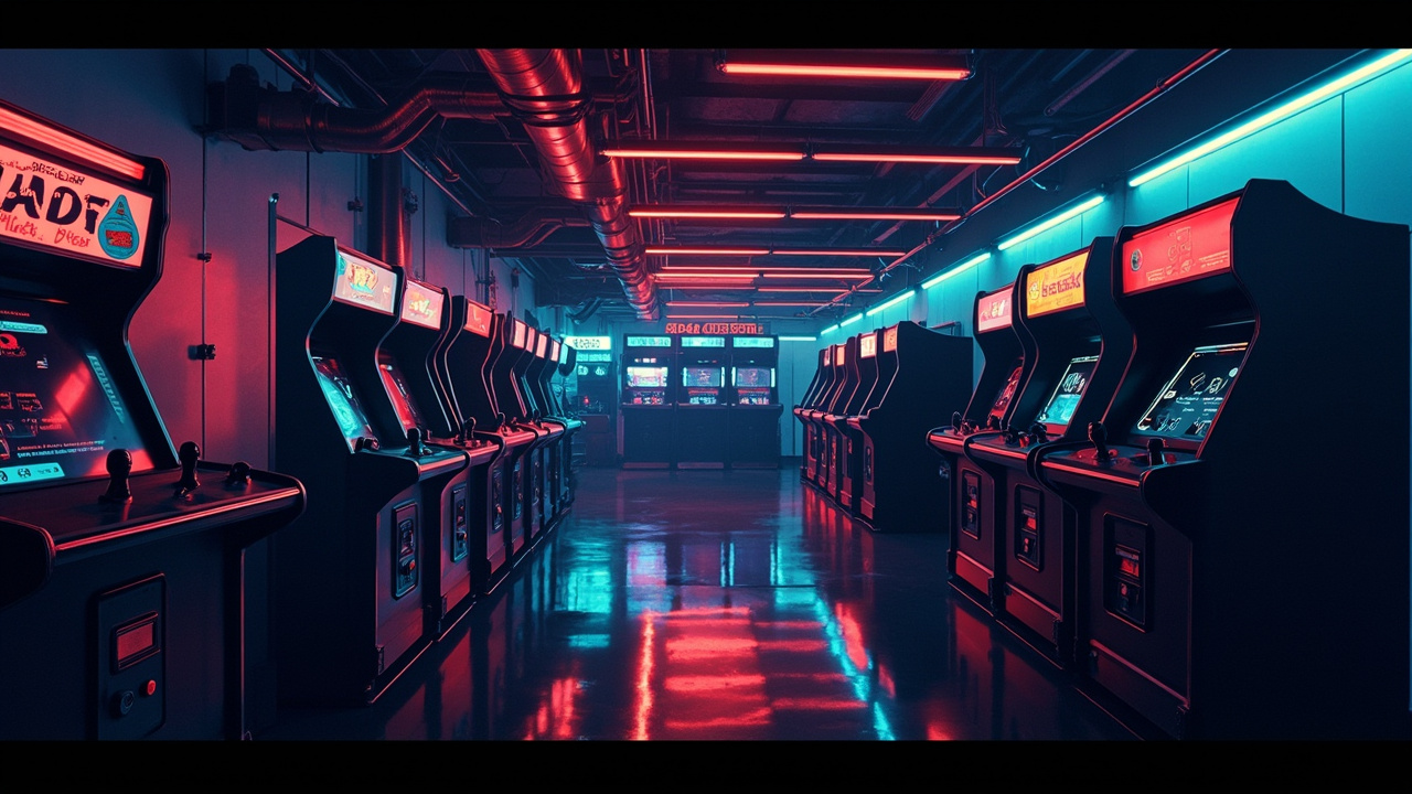Illustration of a neon-lit retro arcade interior