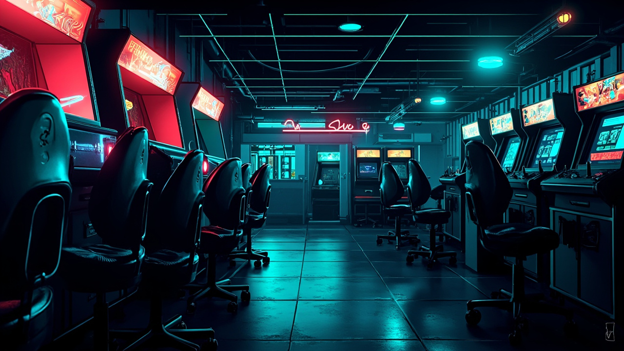 Illustration of a neon-lit retro arcade interior