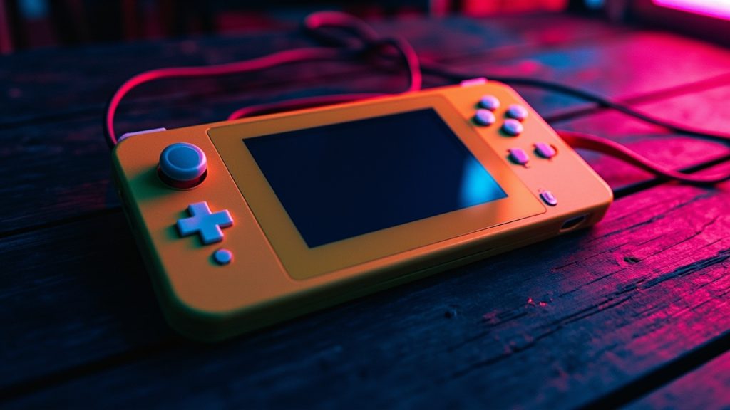 Illustration: A yellow handheld gaming console rests on a wooden surface. The device features a central screen, a white cross-shaped directional pad on the left, four white circular buttons on the right, and small white pill-shaped buttons.