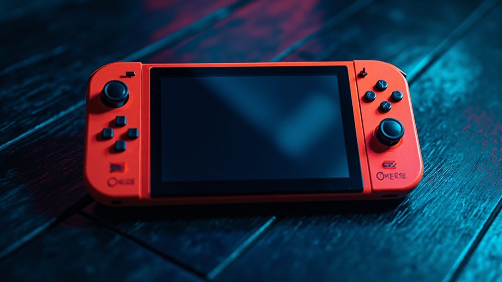 Illustration: An orange handheld gaming console with a central screen, a directional pad on the left, and action buttons on the right rests on a wooden floor.