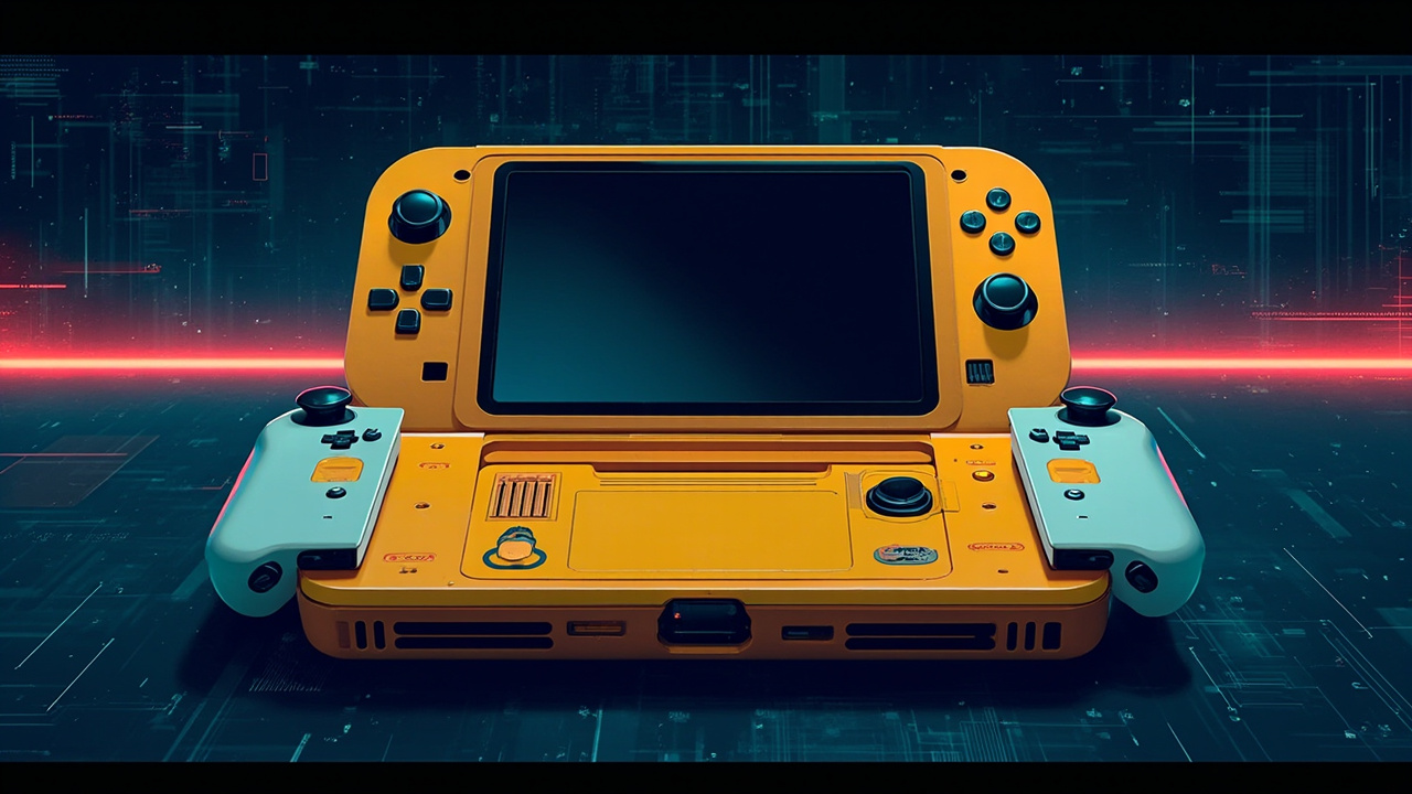 Illustration: A yellow clamshell handheld gaming console is shown partially opened, revealing its central slot, buttons, vents, and a micro-USB port, with white controller attachments sliding off both sides.