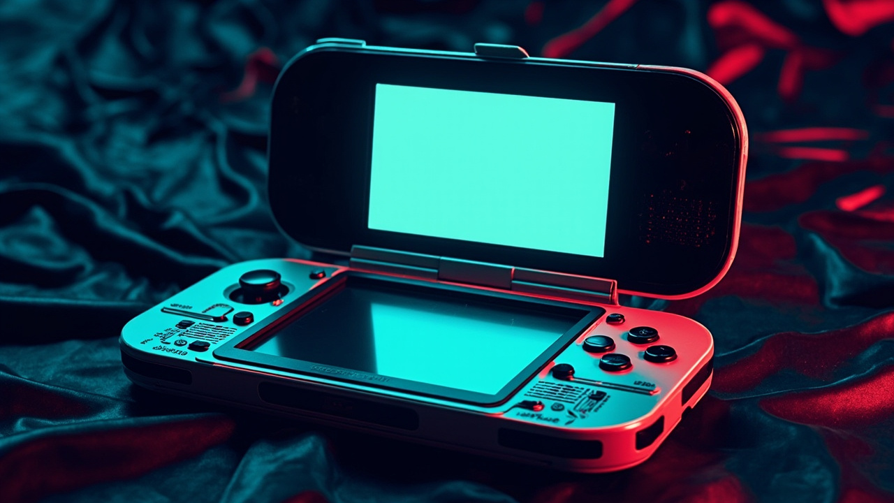 Illustration: An open silver clamshell handheld video game console displays a blank upper screen and a lower control panel featuring a directional pad, four circular buttons, central speaker perforations, and black graphic designs.