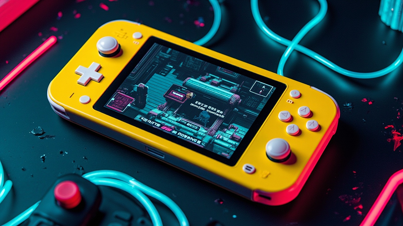Illustration: A yellow handheld gaming console features a white directional pad, action buttons, and a central screen. The device is labeled "POCKET ADVANCE" and its screen displays a pixelated isometric video game scene with a dialogue box containing Chinese text