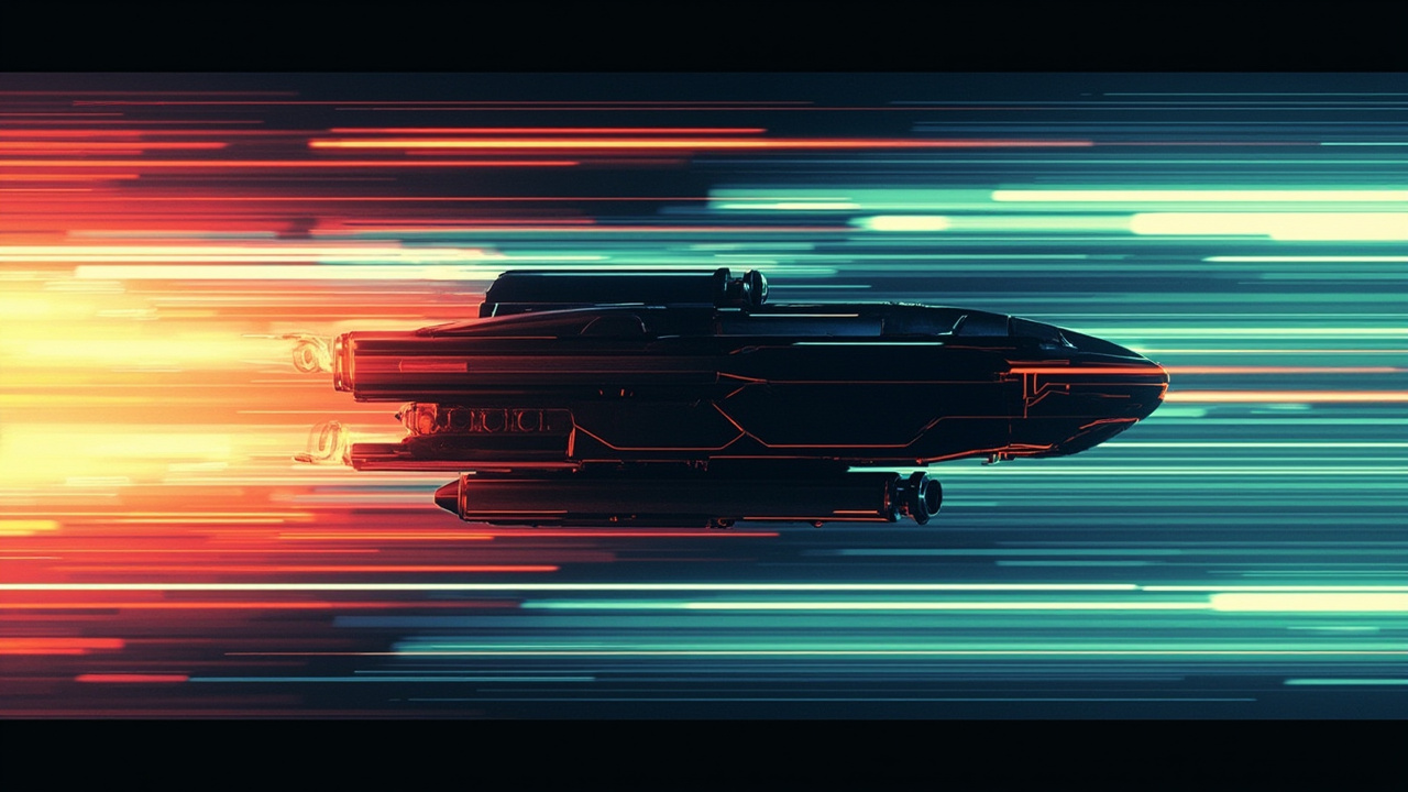 Illustration: A dark, rectangular object with a rounded front and horizontal cylindrical tubes extending from its side travels rapidly from left to right. The object and the surrounding environment are heavily blurred, creating horizontal streaks of orange, yellow