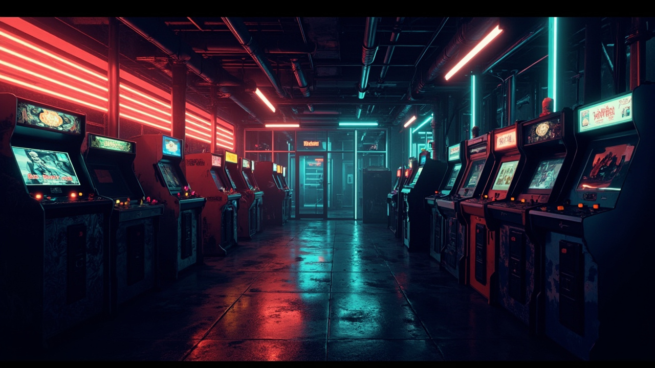 Illustration of a neon-lit retro arcade interior