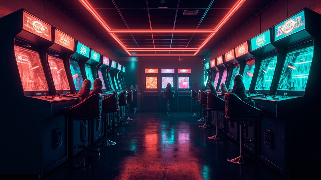 Illustration of a neon-lit retro arcade interior