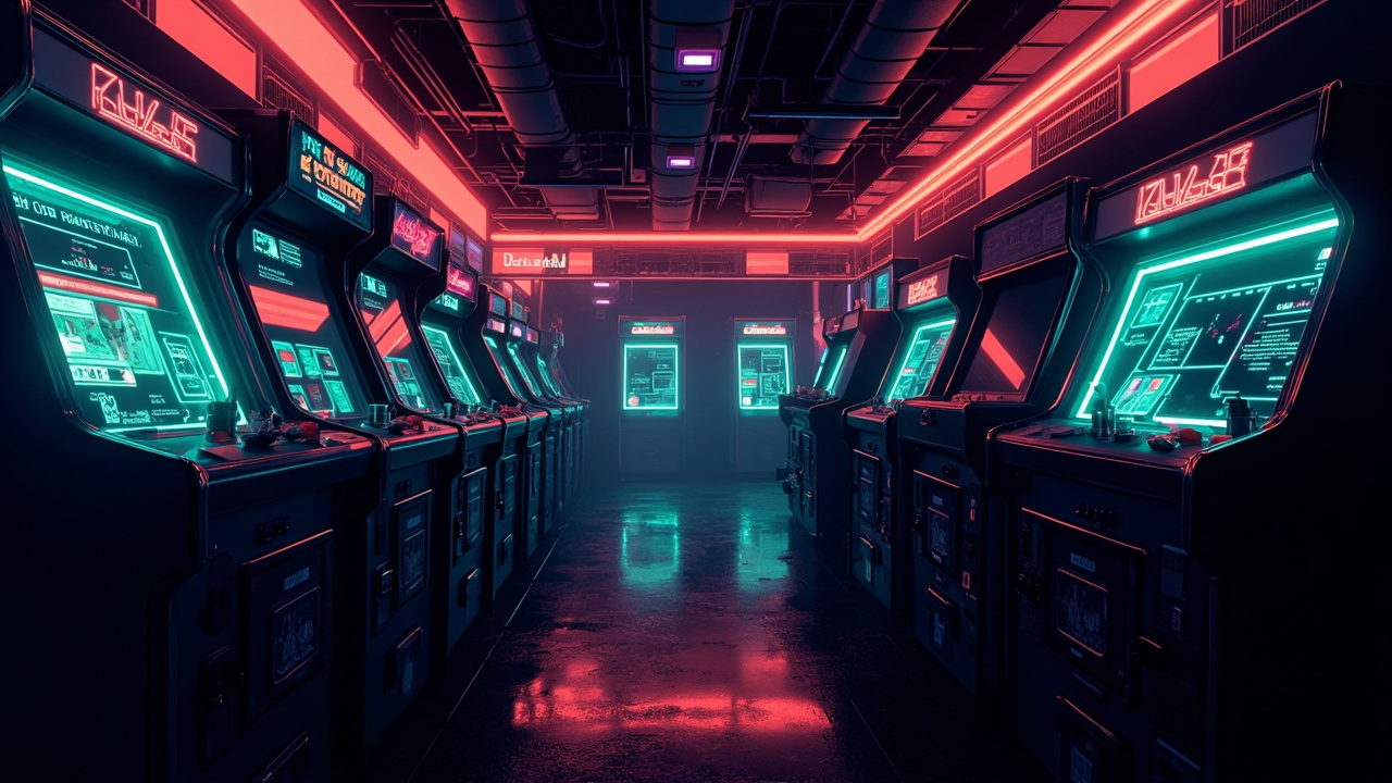 Illustration of a neon-lit retro arcade interior