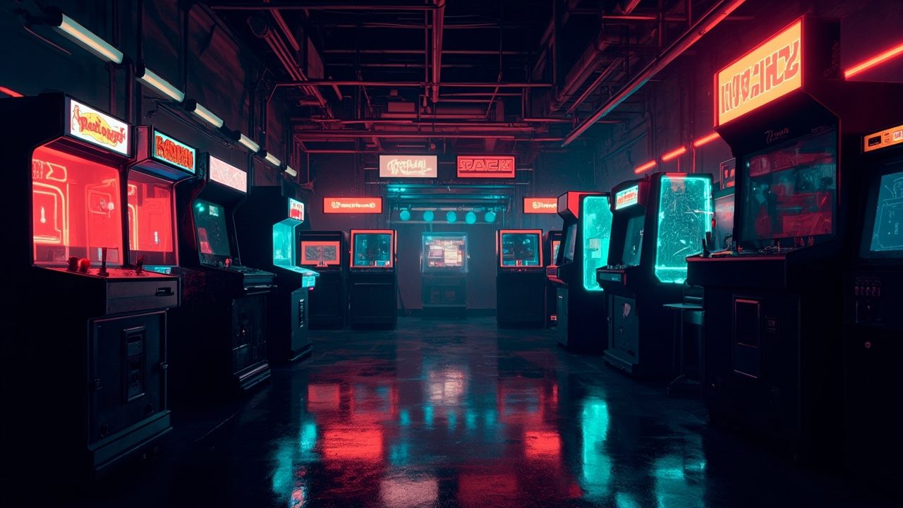 Illustration of a neon-lit retro arcade interior