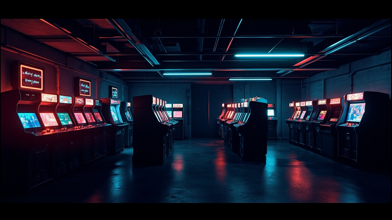 Illustration of a neon-lit retro arcade interior