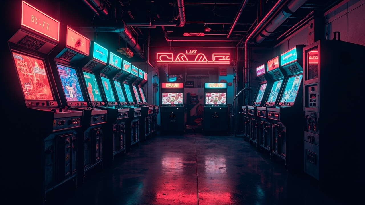 Illustration of a neon-lit retro arcade interior