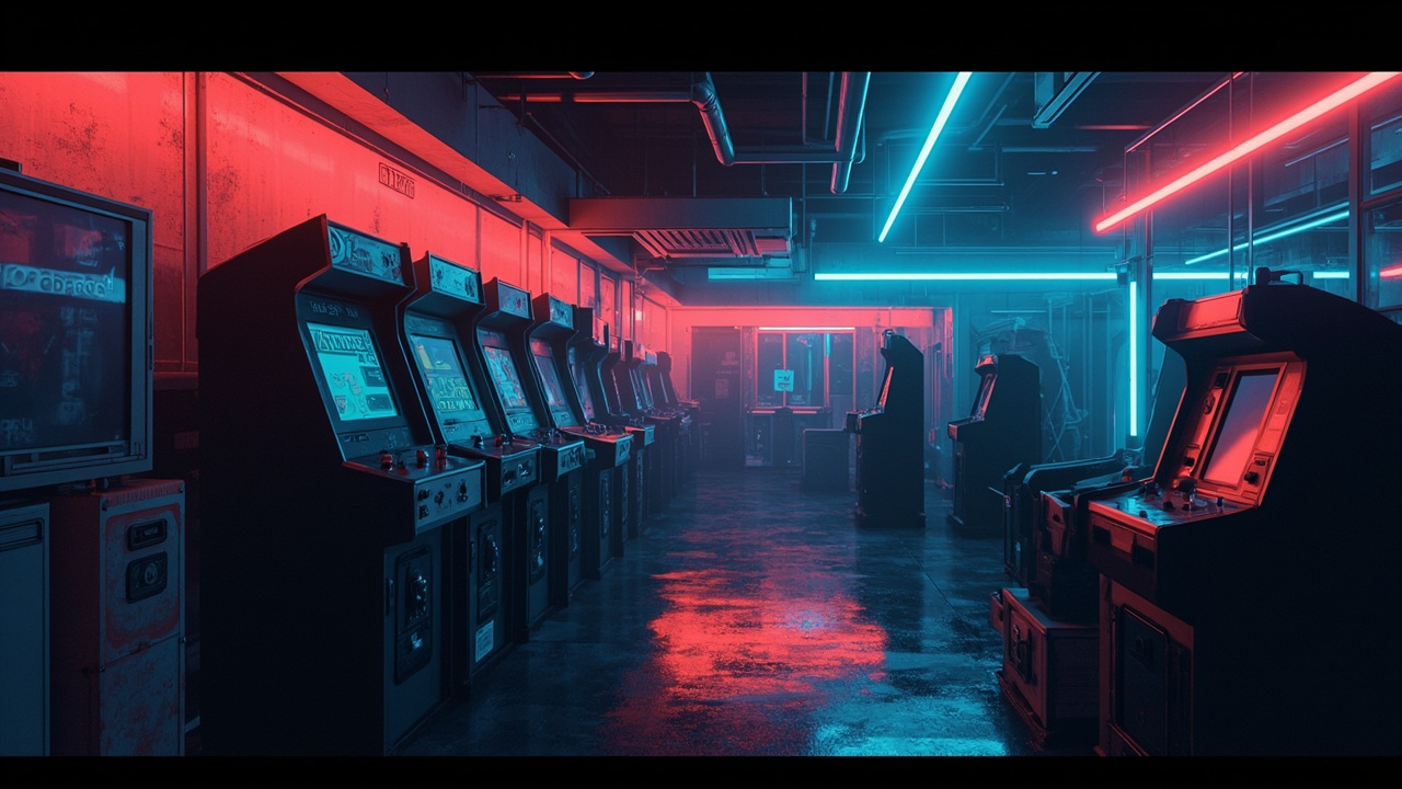 Illustration of a neon-lit retro arcade interior
