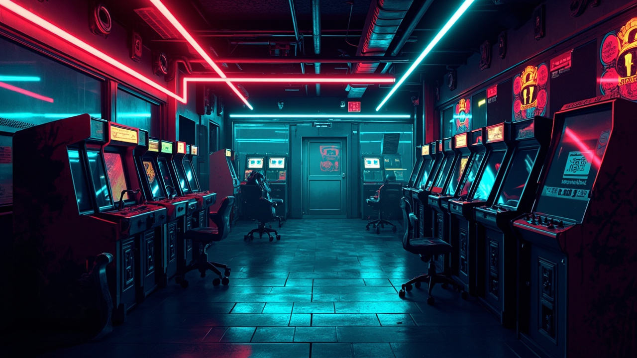 Illustration of a neon-lit retro arcade interior
