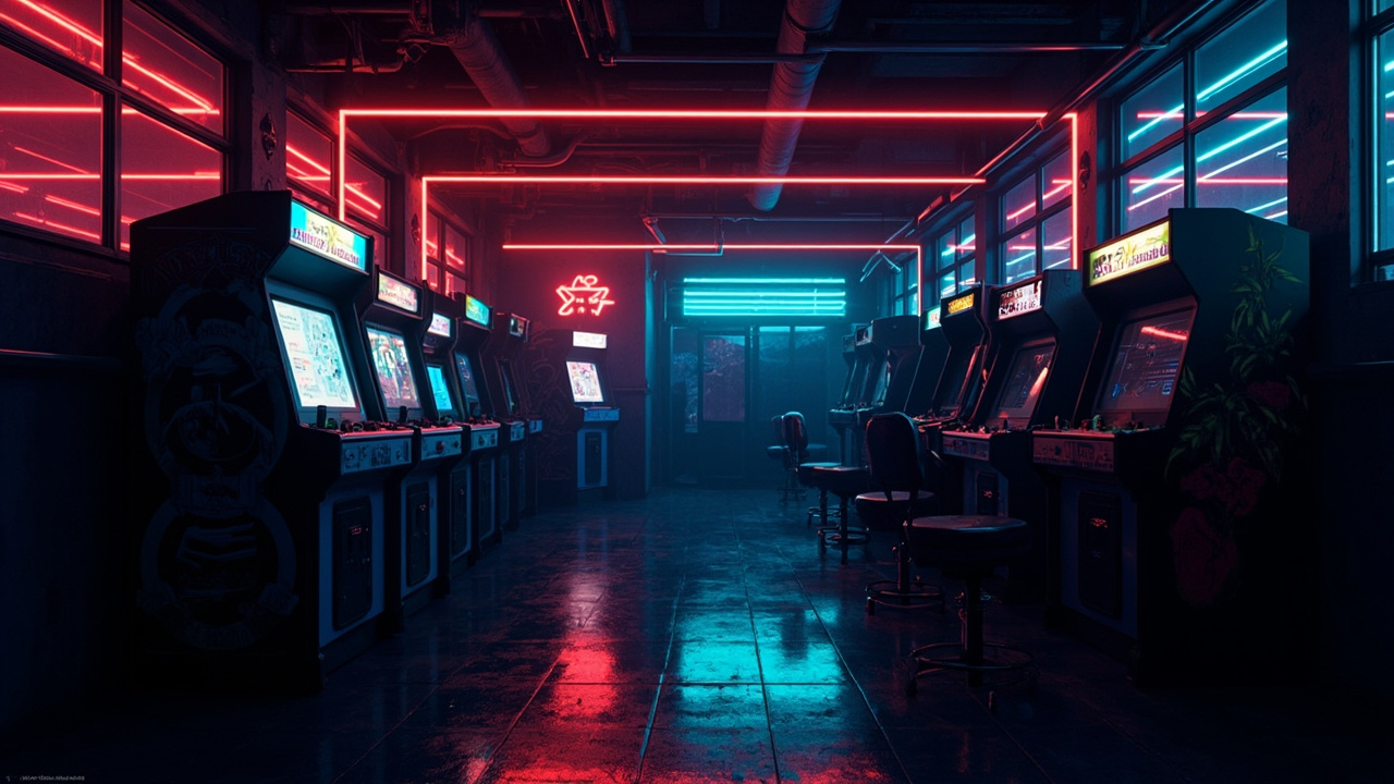 Illustration of a neon-lit retro arcade interior