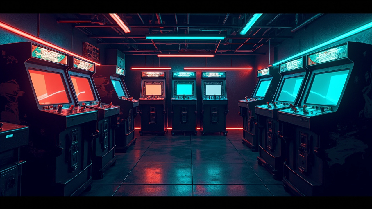 Illustration of a neon-lit retro arcade interior