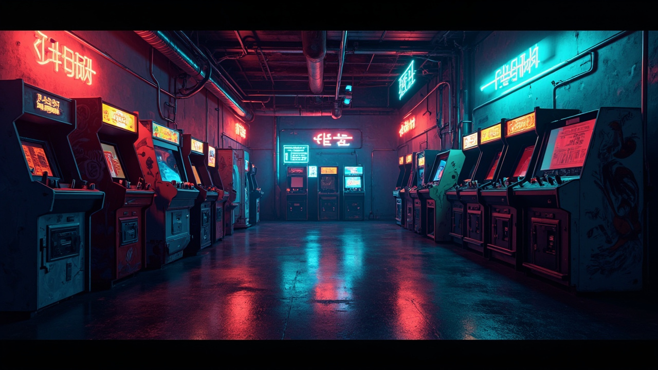 Illustration of a neon-lit retro arcade interior
