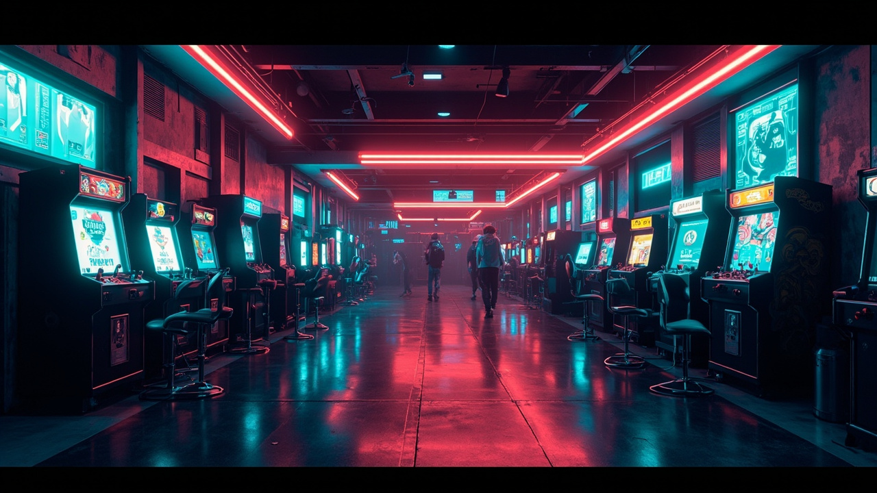 Illustration of a neon-lit retro arcade interior