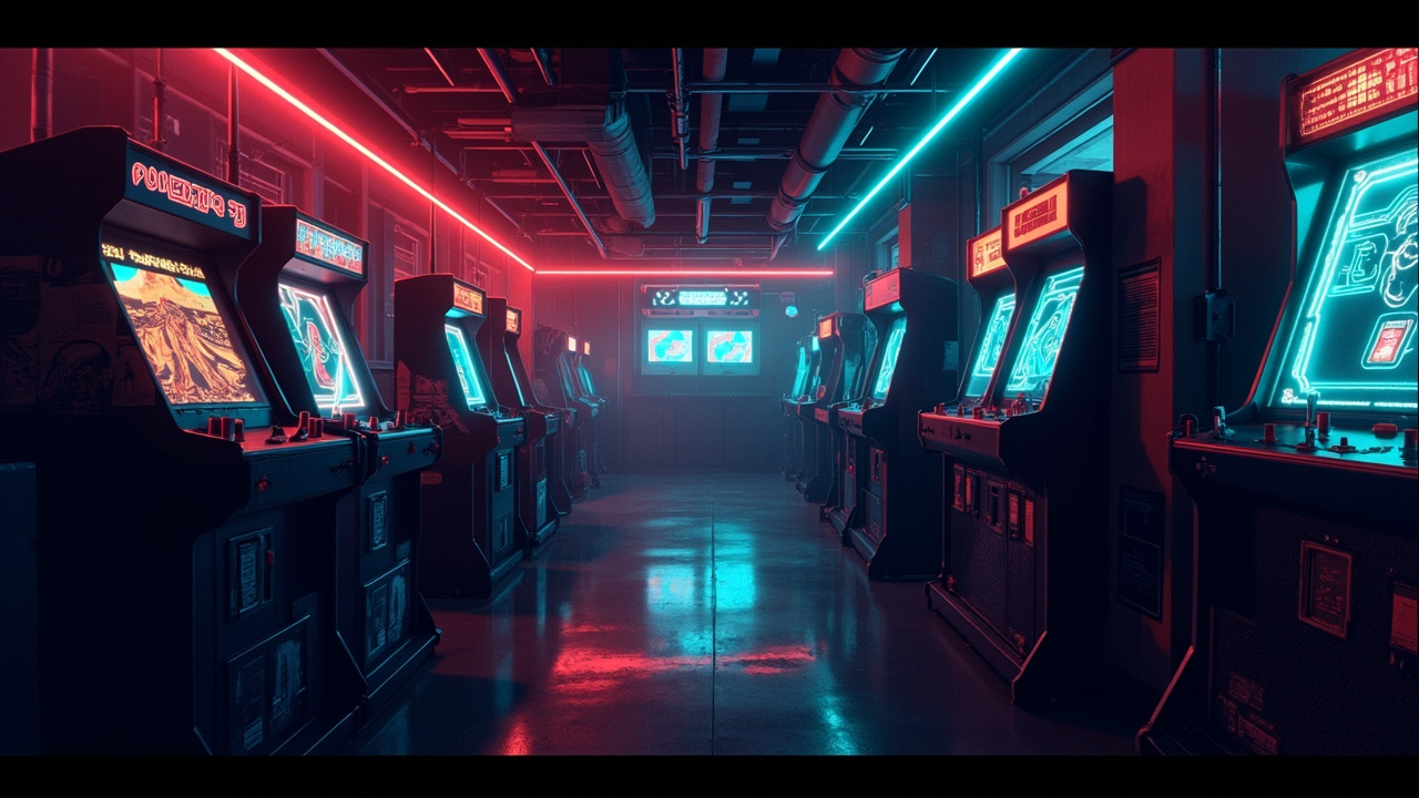 Illustration of a neon-lit retro arcade interior