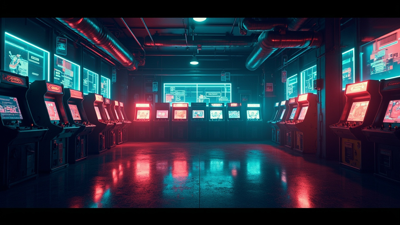 Illustration of a neon-lit retro arcade interior