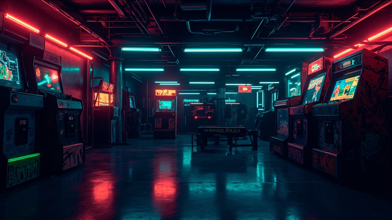 Illustration of a neon-lit retro arcade interior
