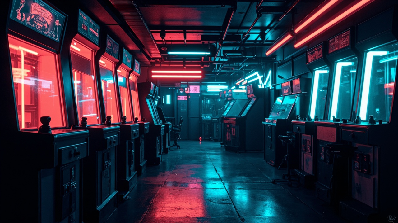 Illustration of a neon-lit retro arcade interior