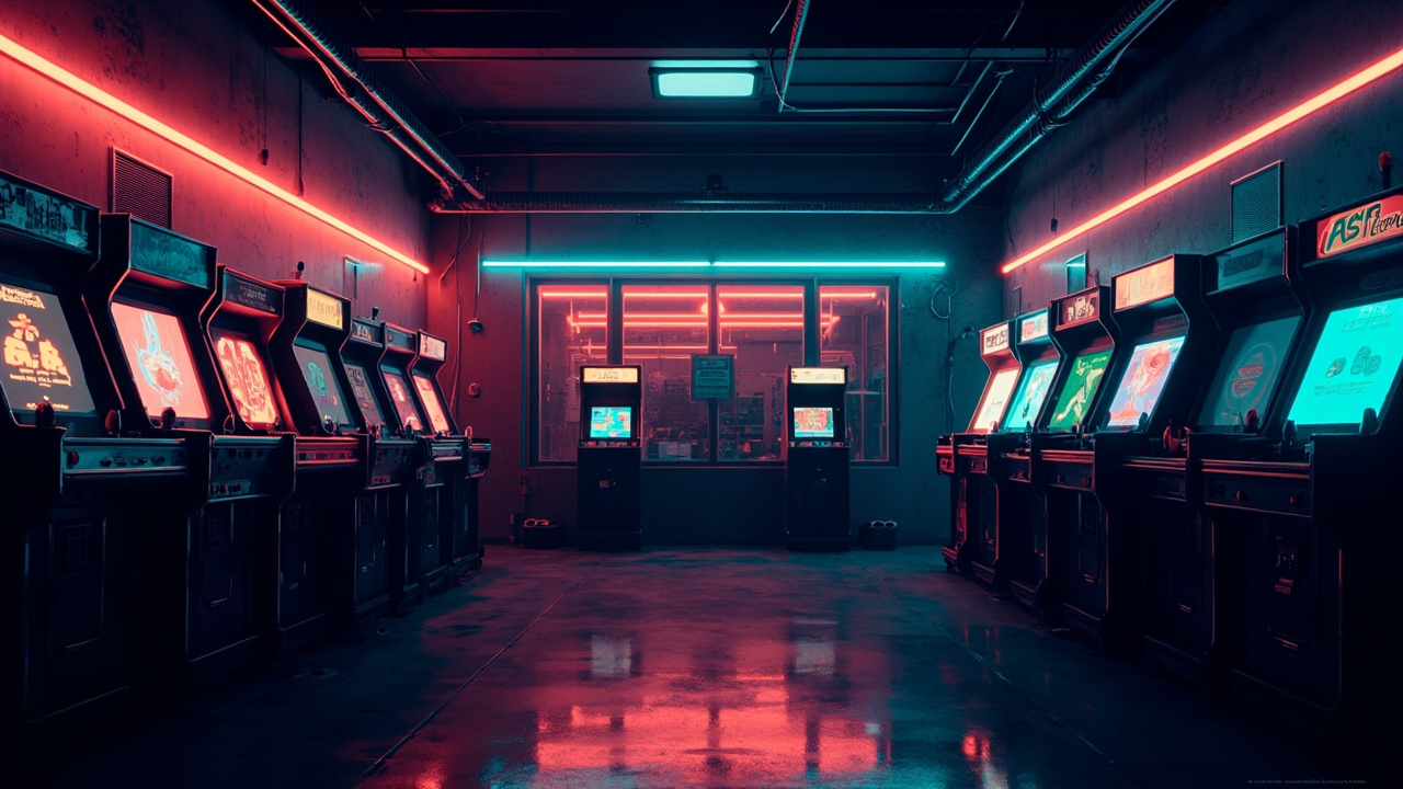 Illustration of a neon-lit retro arcade interior