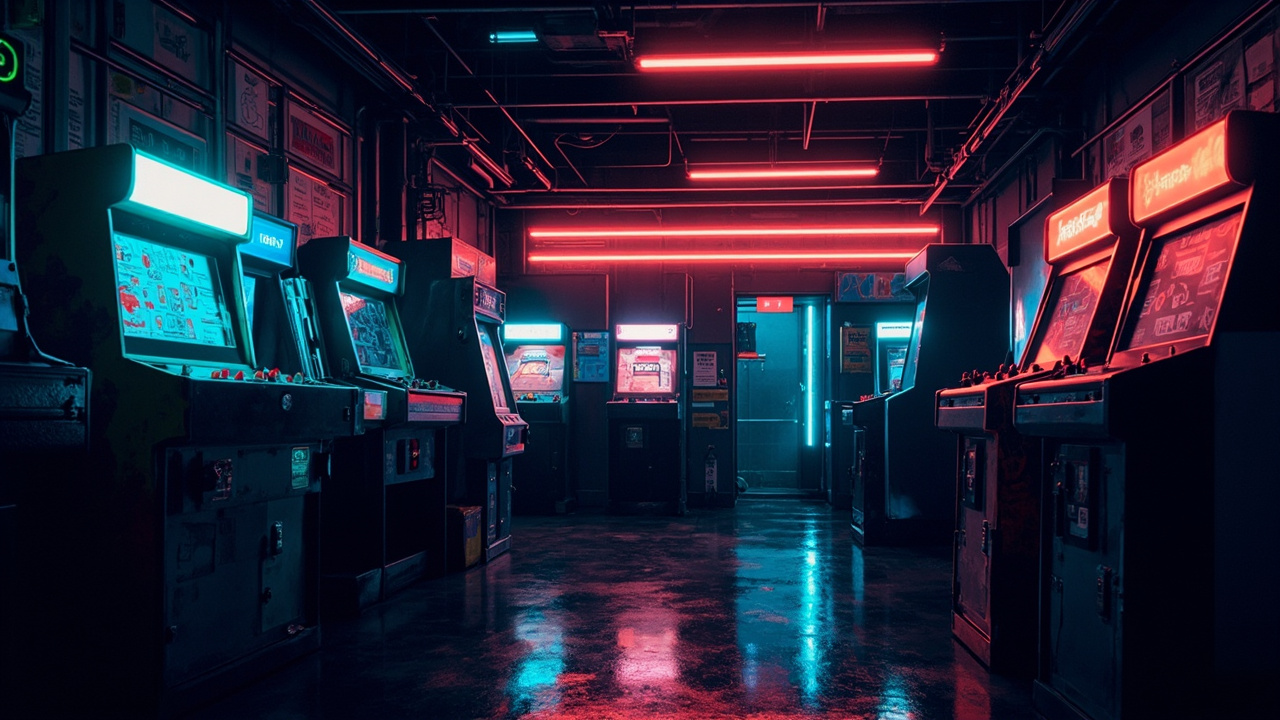 Illustration of a neon-lit retro arcade interior