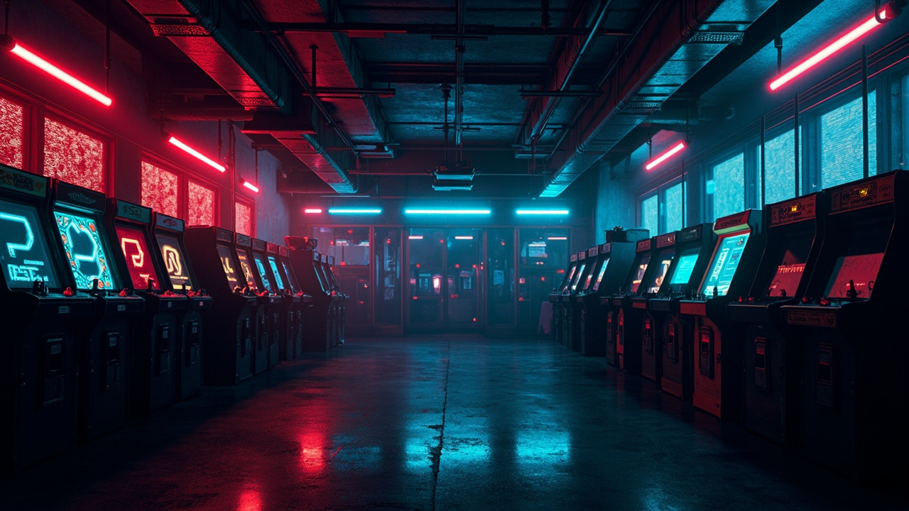 Illustration of a neon-lit retro arcade interior