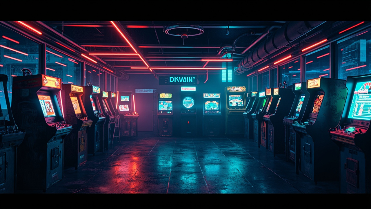 Illustration of a neon-lit retro arcade interior