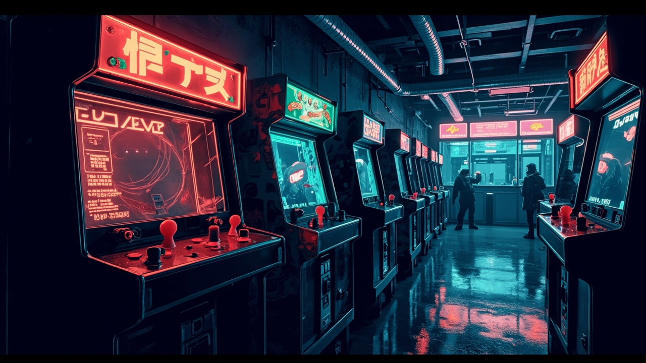 Illustration of a neon-lit retro arcade interior