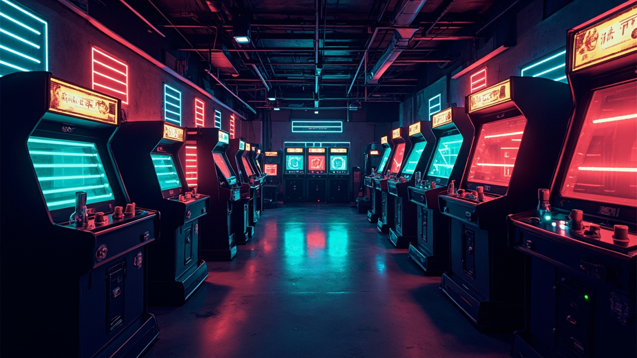 Illustration of a neon-lit retro arcade interior