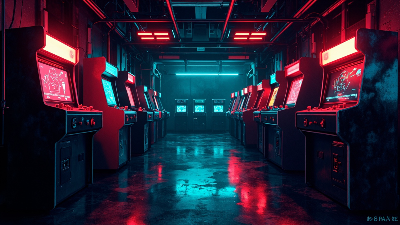 Illustration of a neon-lit retro arcade interior