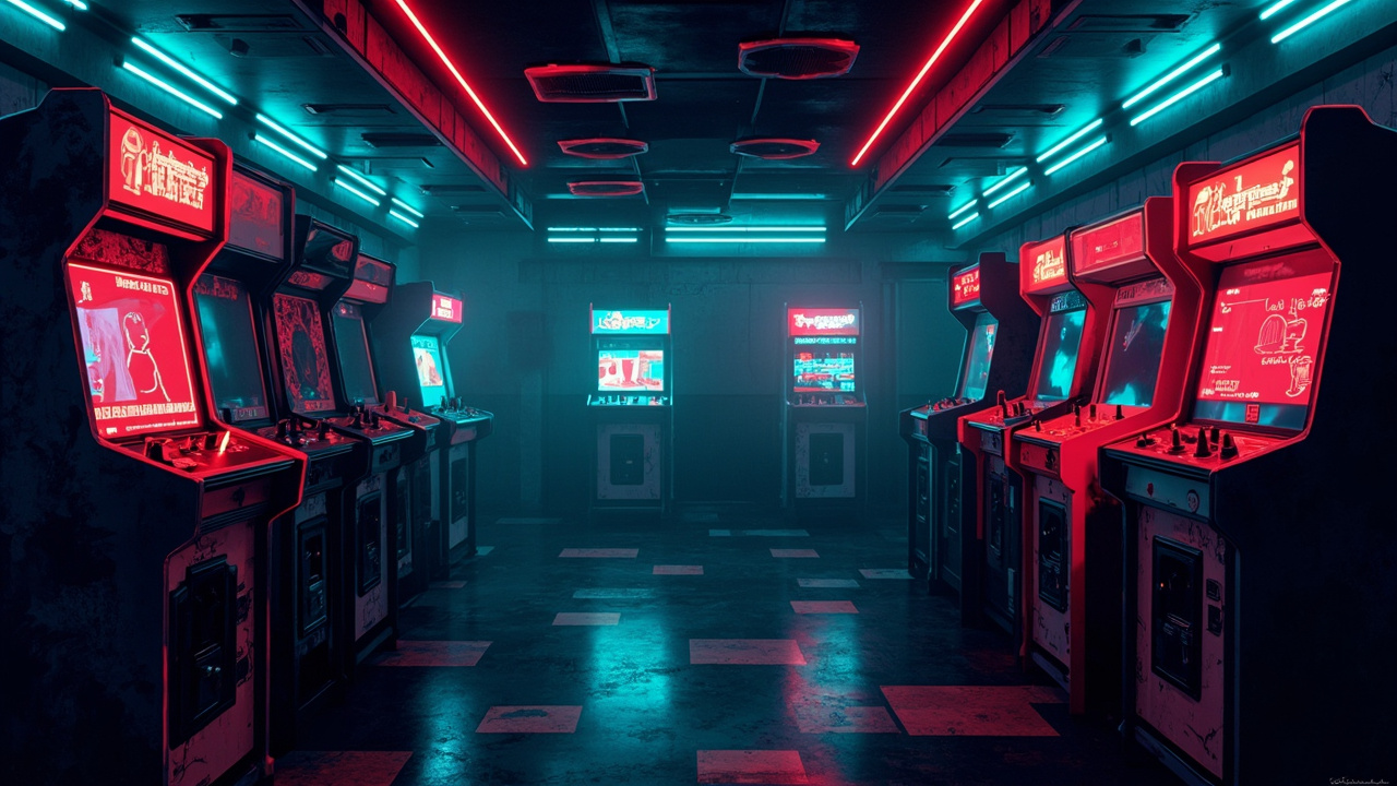 Illustration of a neon-lit retro arcade interior