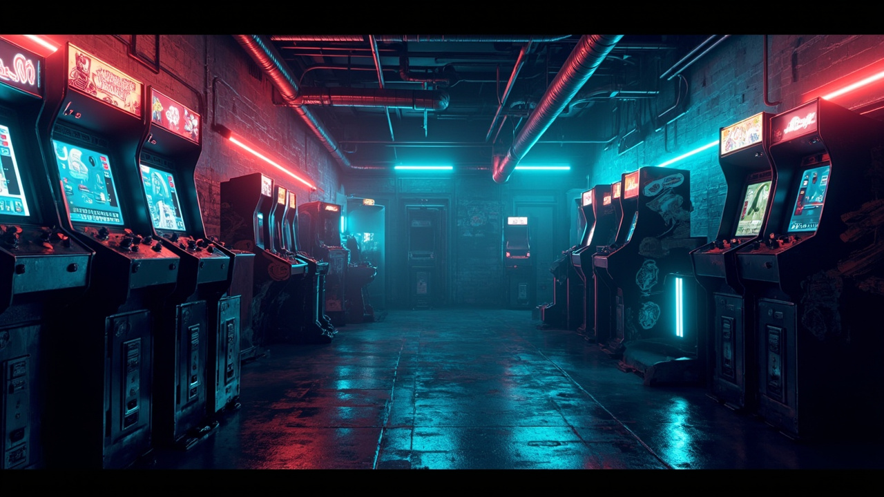 Illustration of a neon-lit retro arcade interior