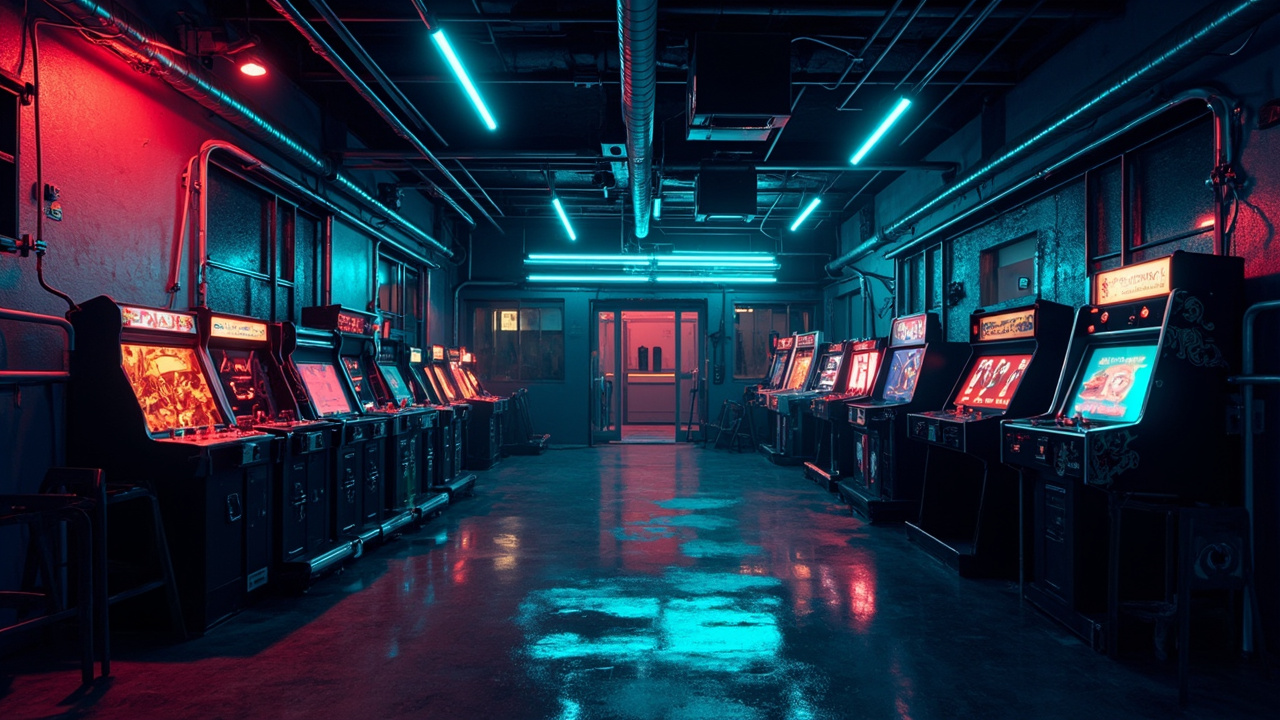 Illustration of a neon-lit retro arcade interior