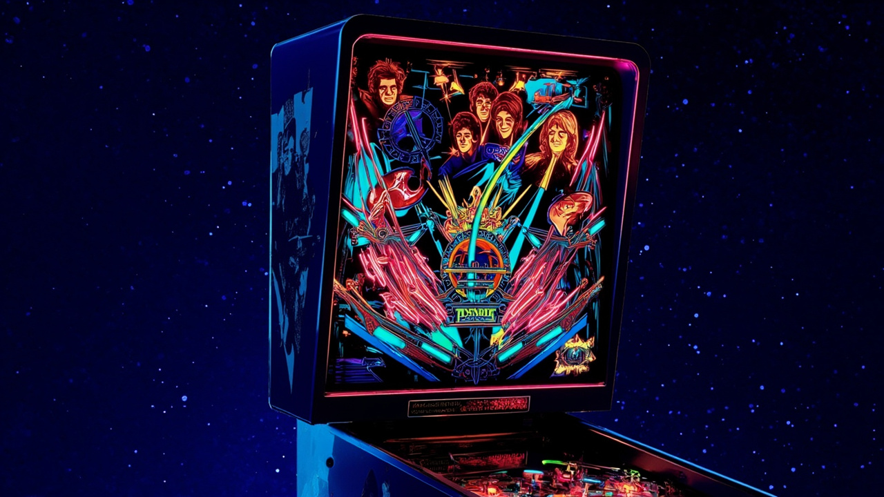 Illustration: A brightly lit pinball machine featuring a colorful playfield with metal ramps, reflective chrome elements, illuminated targets, and a backglass displaying artwork of musicians, set against a blue speckled background.